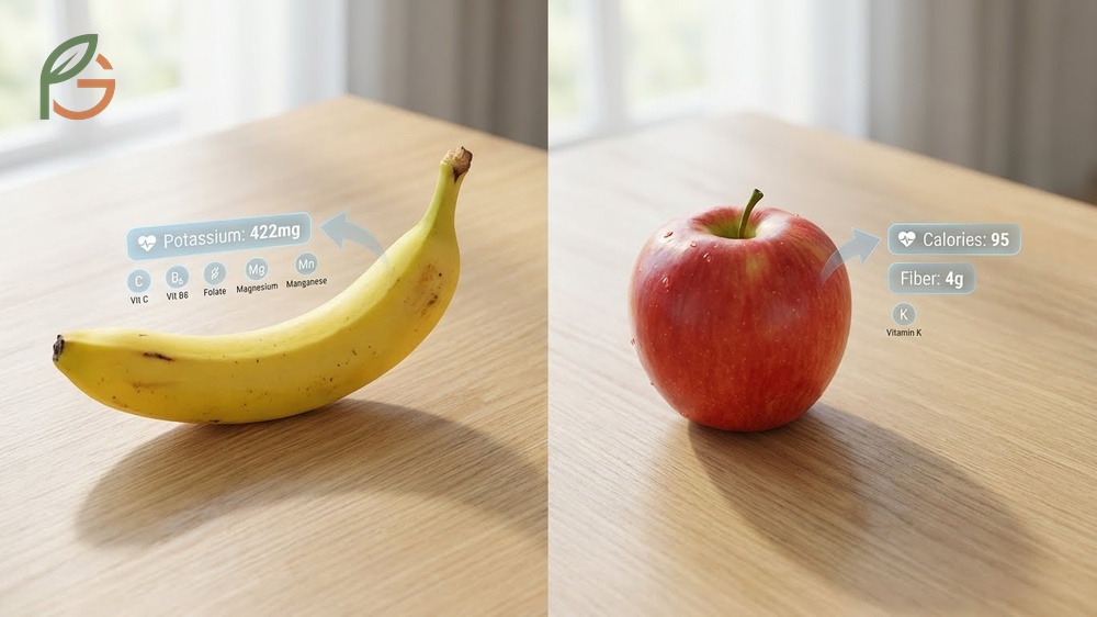 Banana vs apple health benefits comparison showing higher potassium in bananas versus more fiber in apples.