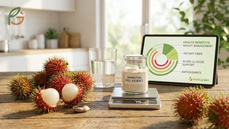 Benefits of rambutan fruit overview highlighting 75 calories per 100g and antioxidants that support metabolic health.