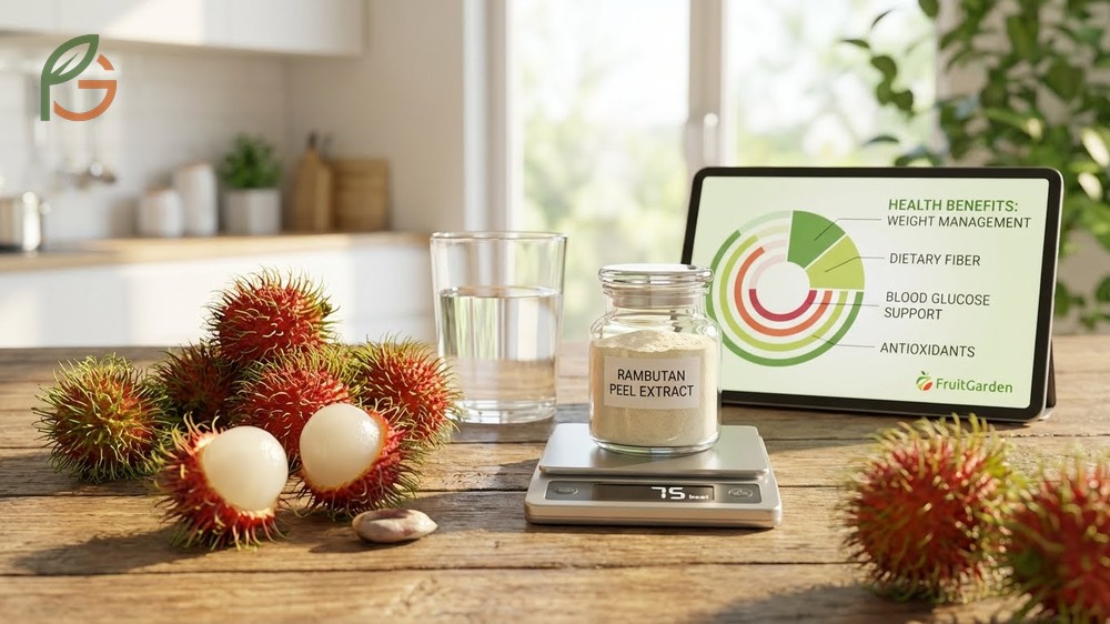 Benefits of rambutan fruit overview highlighting 75 calories per 100g and antioxidants that support metabolic health.