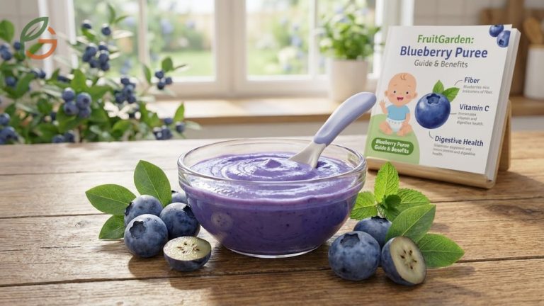 Blueberry puree for baby guide showing 3.6g of fiber and 14.4mg of vitamin C per cup for immune support.