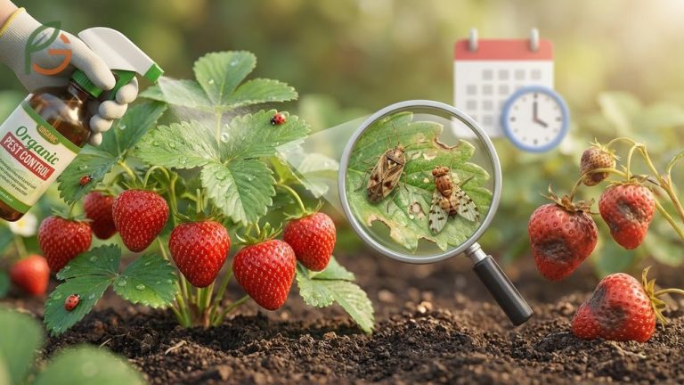 Bugs on strawberry plants causing damage to harvest and requiring organic treatment methods.