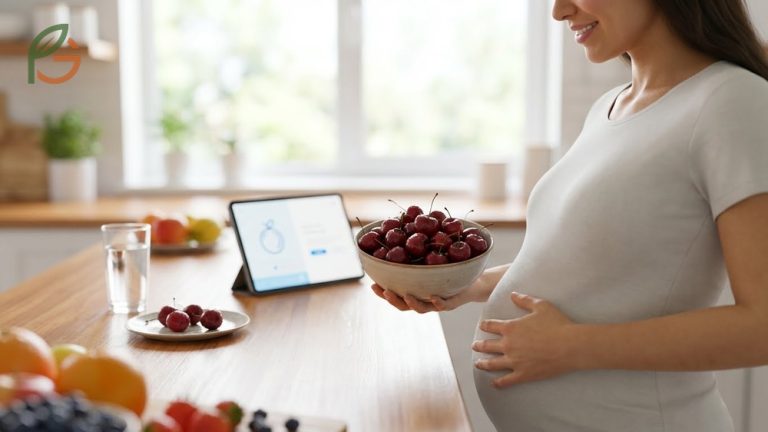Cherries during pregnancy benefits highlighted with vitamin C and folate content supporting maternal and fetal health.