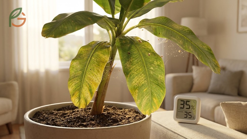 Common pests on indoor banana plants include spider mites which appear during dry low humidity periods.