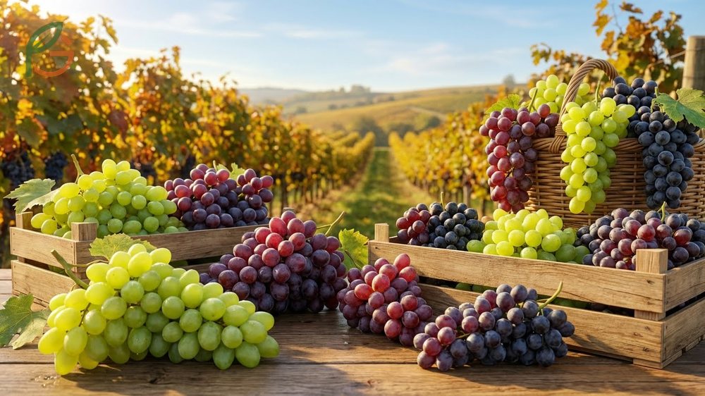 Different types of grapes comprehensive guide covering red, green, and black varieties for eating and wine.
