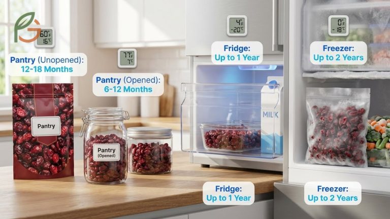 How long do dried cranberries last guide showing pantry shelf life of 12 to 18 months and refrigeration benefits.