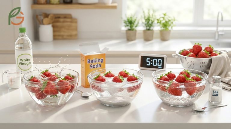 How to clean strawberries effectively using vinegar, baking soda, and salt to remove pesticides.