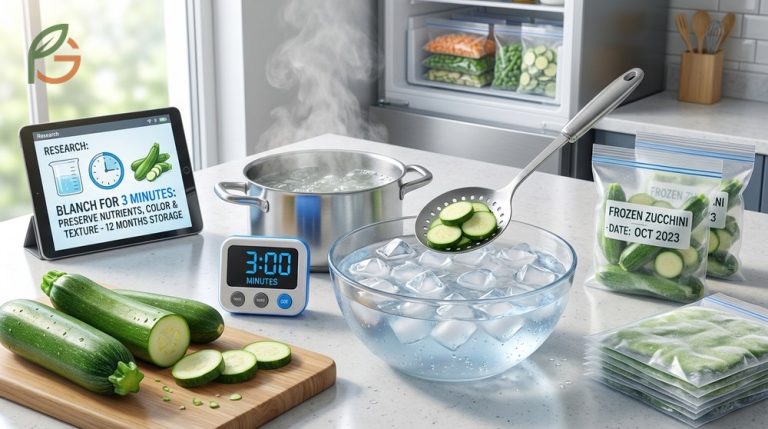 How to freeze zucchini by blanching slices for 3 minutes to preserve texture and nutrients for up to 12 months.