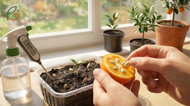 How to grow kumquat from seed guide illustrating the process of germinating fresh seeds at 70 to 85 degrees Fahrenheit.