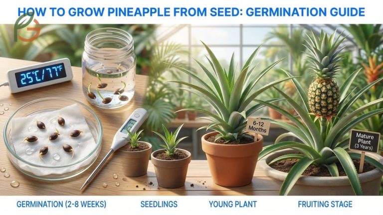 A guide on how to grow pineapple from seed showing germination techniques and temperature requirements of 77 degrees Fahrenheit.