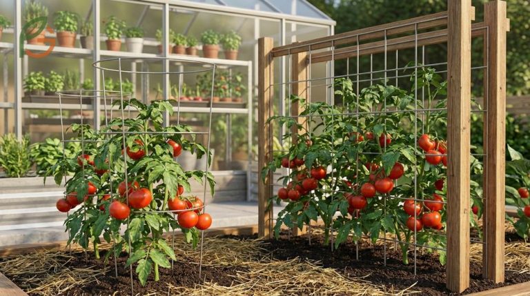 How to stake tomato plants effectively using cages or trellises to improve fruit quality and reduce disease risk.