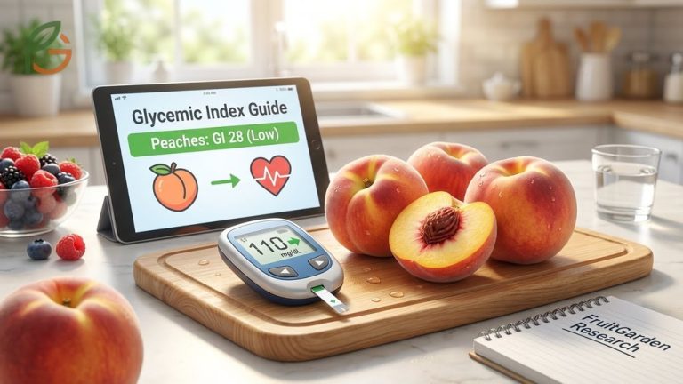 Peaches and diabetes guide illustrating glycemic index values and nutritional benefits for blood sugar control.