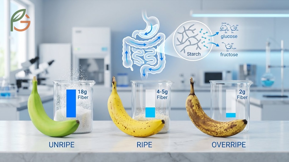 Ripe vs unripe banana digestion differences showing green bananas have 18g fiber versus 4g in ripe fruit.