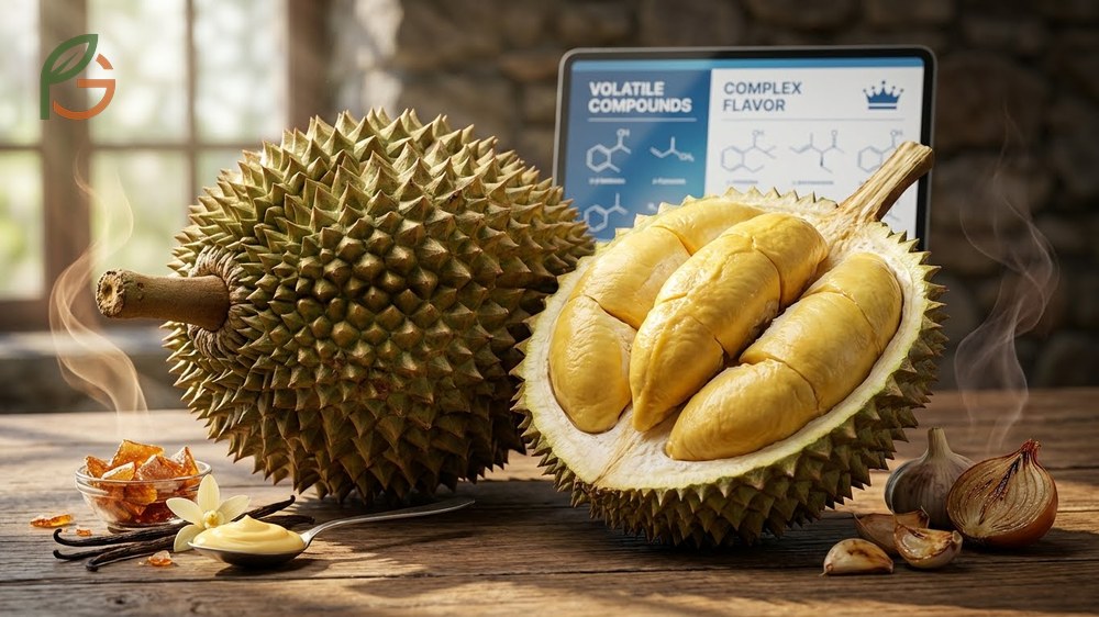 What does durian taste like described as a mix of sweet custard and savory garlic with over 50 compounds.
