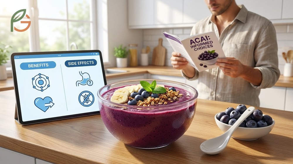 Acai berry fruit benefits and side effects analysis showing improved lipid profiles versus potential bloating issues.