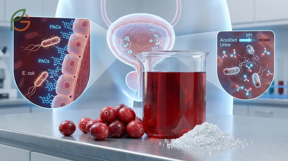 Additional mechanisms of cranberry juice include lowering urinary pH by 0.5-1.0 units to inhibit bacterial growth.