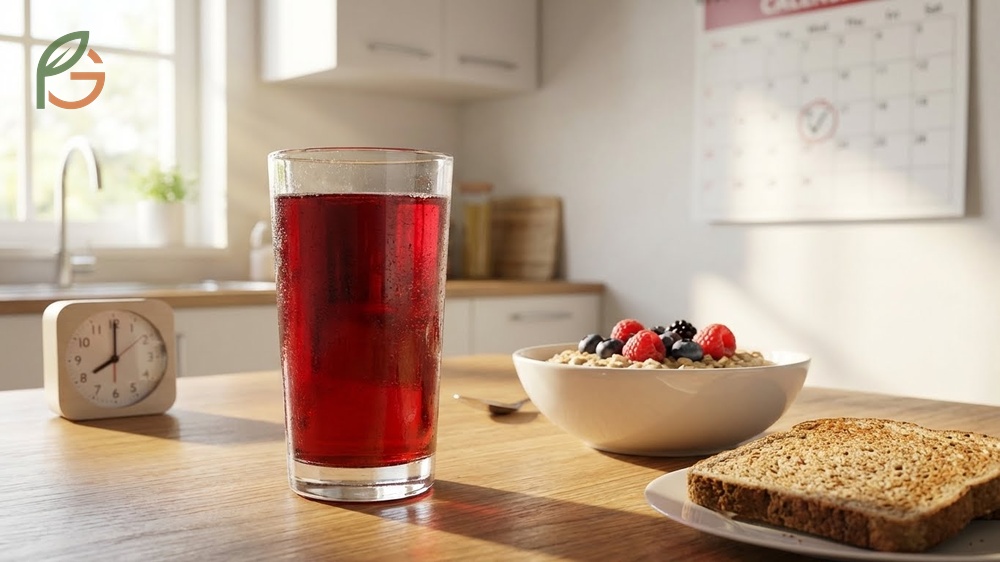 Best time to drink cranberry juice showing benefits of morning consumption for absorption and evening intake for protection.