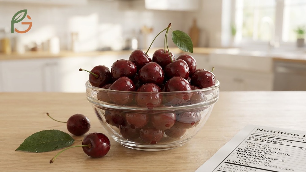 Bing cherry nutrition info showing 97 calories and 25g carbohydrates per cup with anthocyanins for anti-inflammatory benefits.