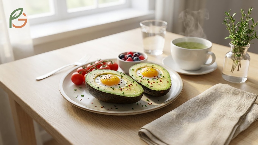 Breakfast avocado eggs providing 31g of fat for sustained energy and stable blood sugar levels.