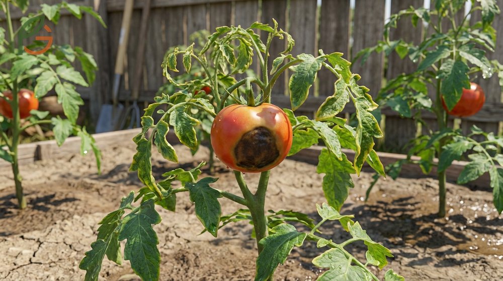 Calcium deficiency in tomato plants causes blossom end rot and brown tips on young growing leaves.