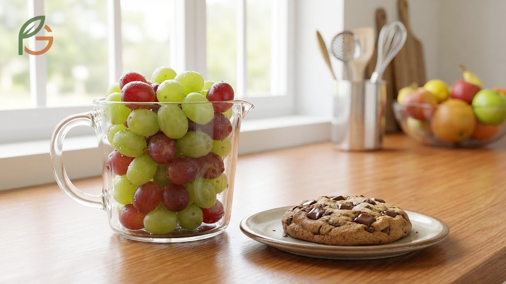 Calories in 1 cup of grapes showing sixty two calories per serving for effective portion control.