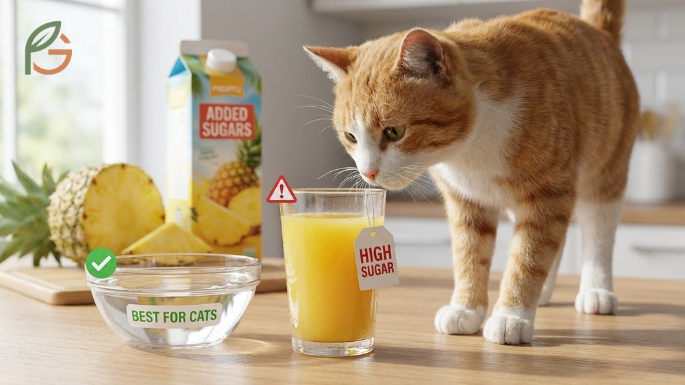 Can cats have pineapple juice risks involving high sugar concentration and preservatives that lead to feline obesity.