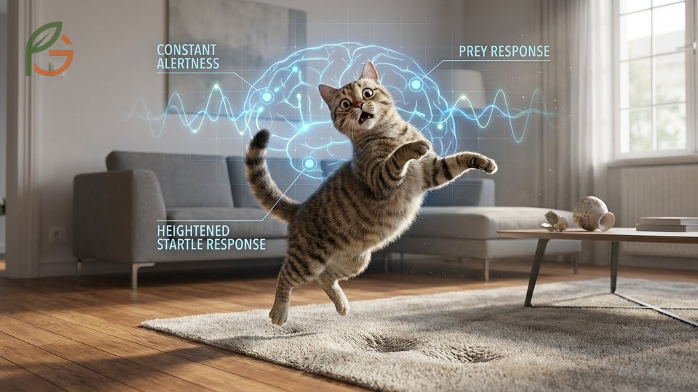 Cat behavioral psychology behind the reaction showing predator instincts and immediate fight or flight stress responses.