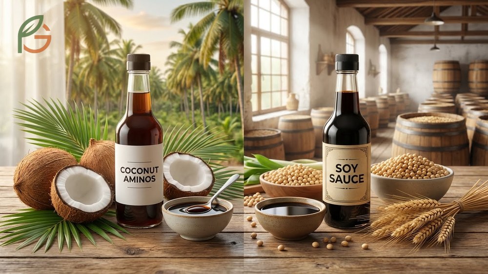 Coconut aminos vs soy sauce differences in ingredients and sodium content making it suitable for soy-free diets.