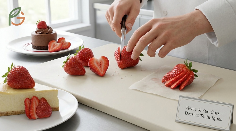 Cutting strawberries technique to create decorative heart shapes and fans for elegant dessert garnishes.
