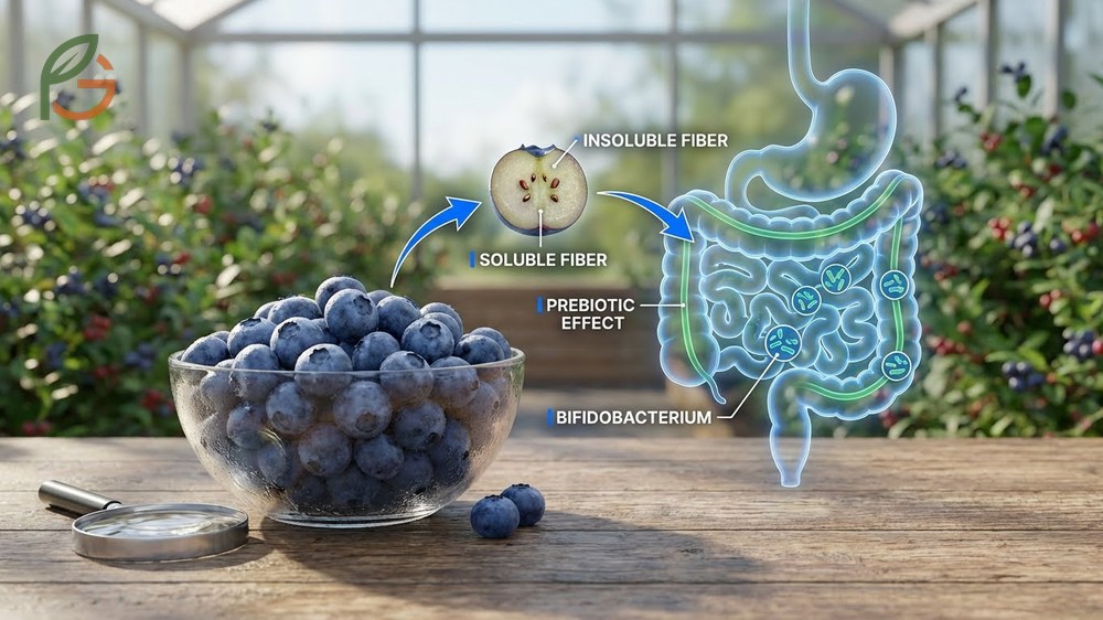Do blueberries have fiber explained by the presence of soluble and insoluble types in skins and seeds.
