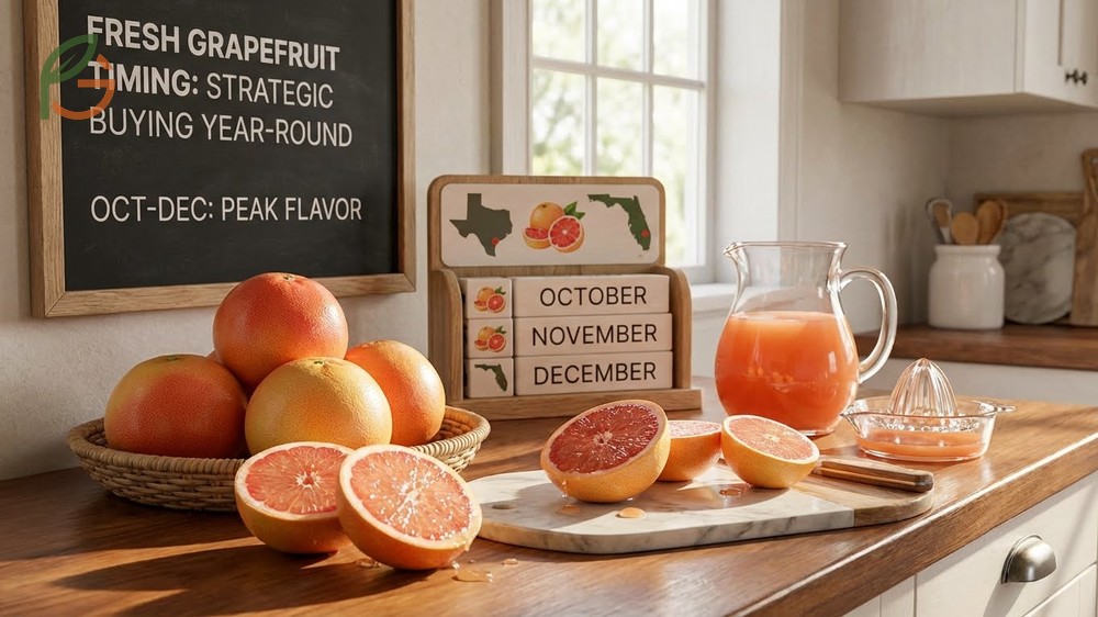 Fresh grapefruit timing chart showing monthly harvest transitions from Texas and Florida winter crops to California summer fruit.