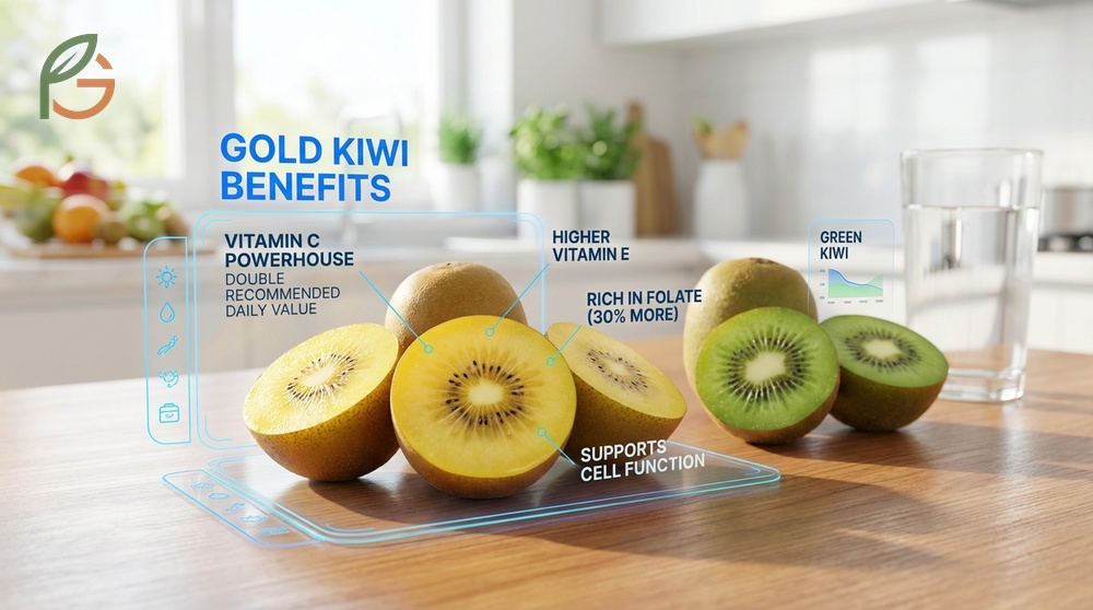Gold kiwi benefits for immune support providing over twice the daily recommended value of vitamin C.