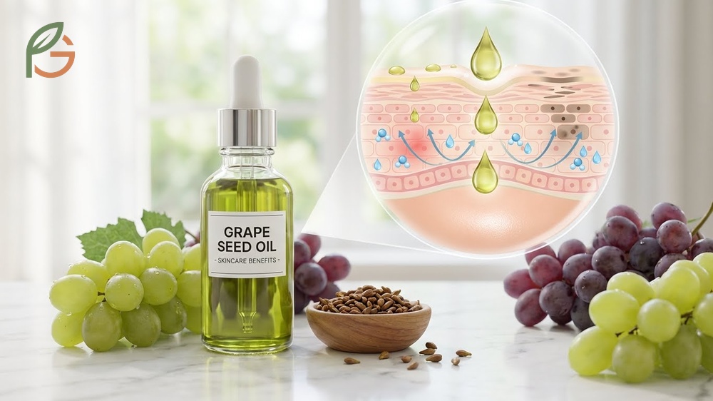Grape seed oil benefits for skin demonstrated by applying lightweight oil to reduce acne and boost collagen.