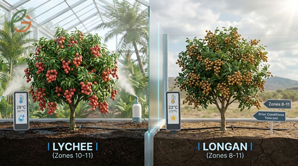 Lychee vs longan growing conditions comparing USDA hardiness zones and specific soil moisture requirements for trees.