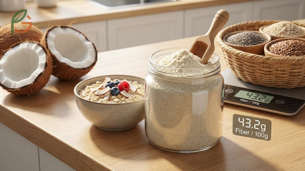 High fiber content in coconut flour supporting digestive health and weight management by promoting fullness for 4 to 6 hours.