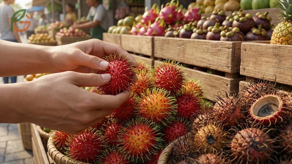 How to choose ripe rambutan with bright red or yellow-orange shells and fresh green-tipped spinterns.