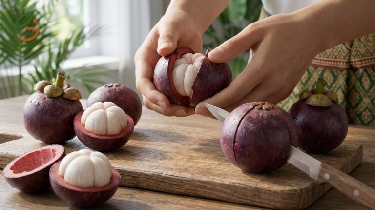 How to open mangosteen requires gentle pressure to break the thick purple rind without crushing flesh.
