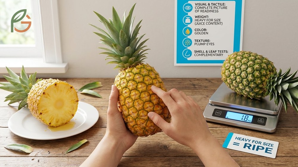 Identifying a ripe pineapple involves checking for a golden yellow base and ensuring the fruit feels heavy for its size.