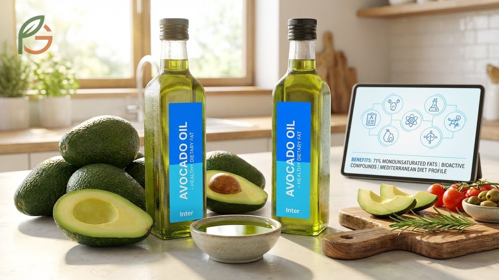 Is avocado oil healthy breakdown showing the composition of oleic acid and antioxidants like vitamin E.