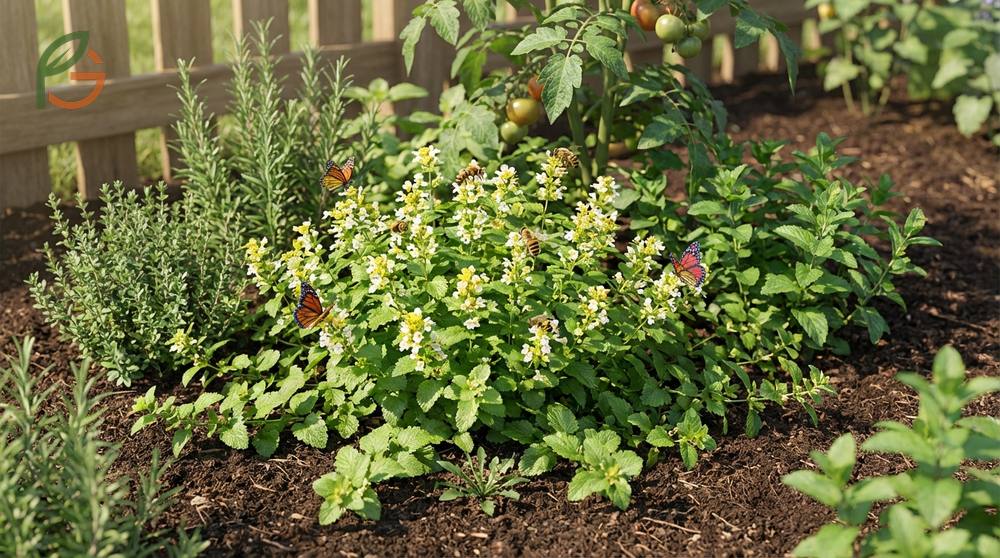 Lemon balm companion plants include basil and rosemary which share similar drainage requirements.