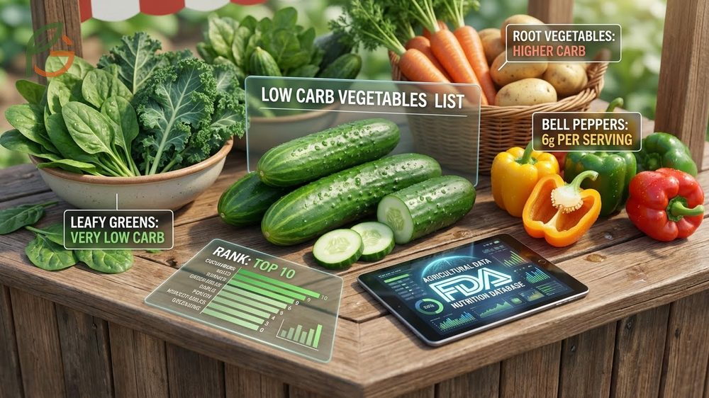 Low carb vegetables list comparison placing cucumbers among top choices alongside leafy greens.