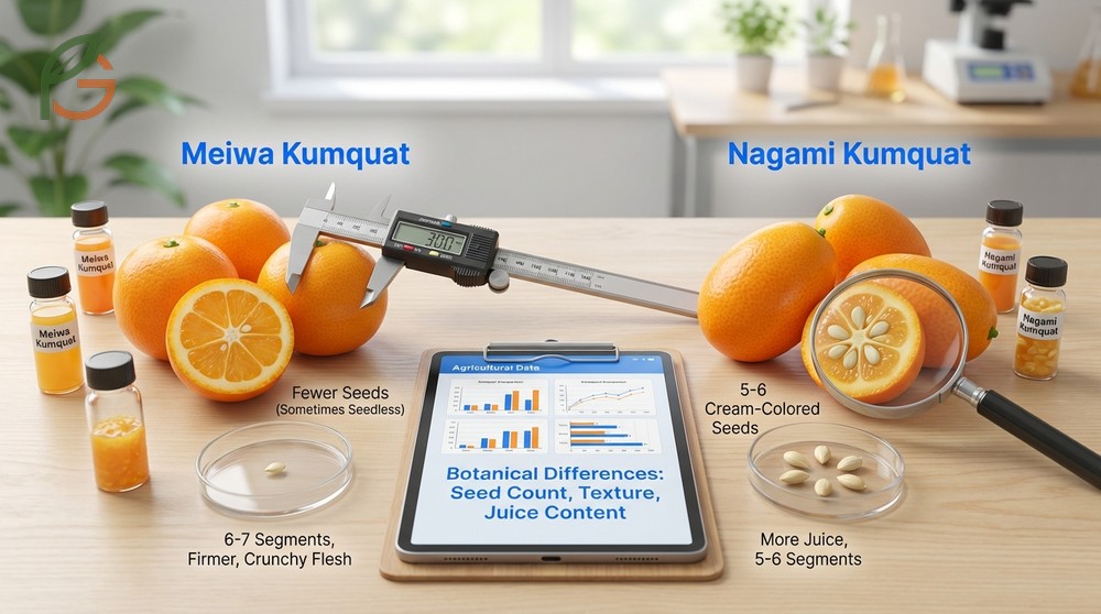 Meiwa nagami kumquat difference regarding peel thickness and seed count affecting texture and juiciness.