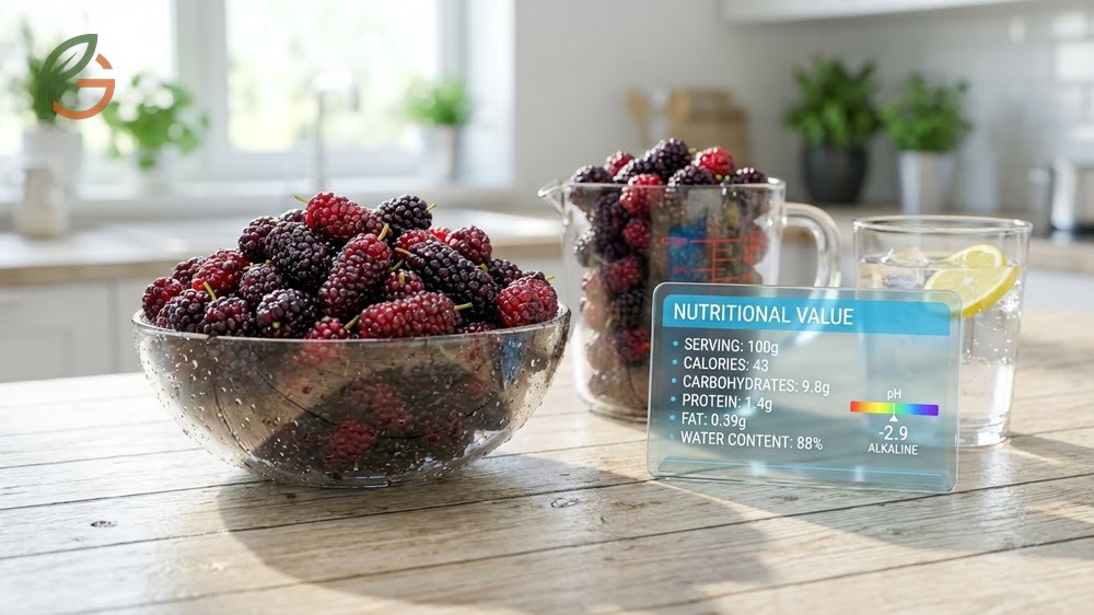 Nutritional value of mulberries offering 36mg of vitamin C and 1.9mg of iron per 100g serving with only 43 calories.