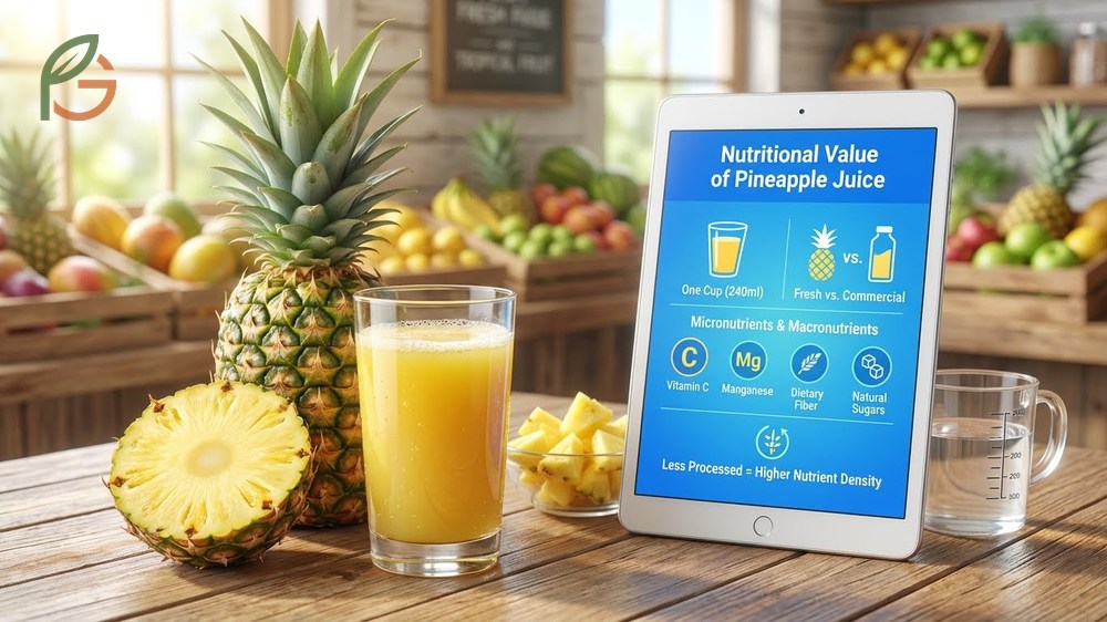 Nutritional value of pineapple juice features manganese and vitamins but lacks the fiber found in whole fruit.