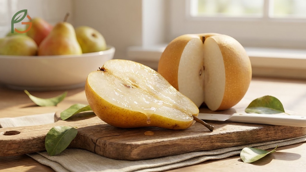 Pear texture descriptions comparing soft buttery European varieties against the crisp crunchy mouthfeel of Asian pears.