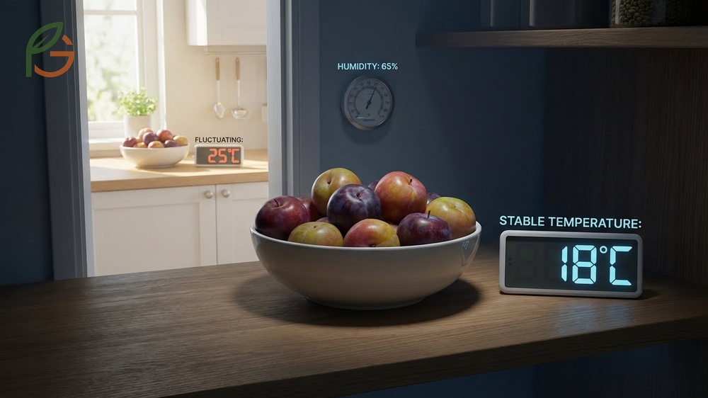 Plum storage tips for keeping ripe fruit at room temperature for maximum flavor retention.