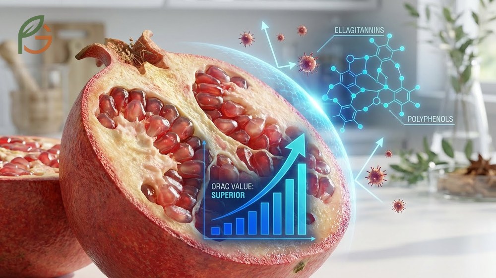 Pomegranate rind antioxidants including stable ellagitannins that remain active in the bloodstream after digestion.