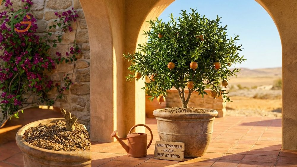 Potted pomegranate care involves using a well-draining soil mix with pH 5.5-7.0 and watering deeply every 3-5 days.