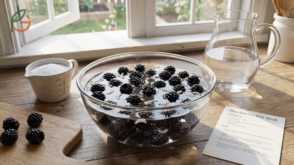 Removing bugs from blackberries using salt water or vinegar soaks to force spotted wing drosophila larvae out of the fruit.