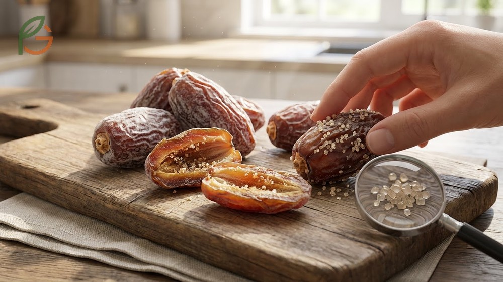 Sugar crystals on dates appearing as fine white powder or granules that feel gritty when rubbed.