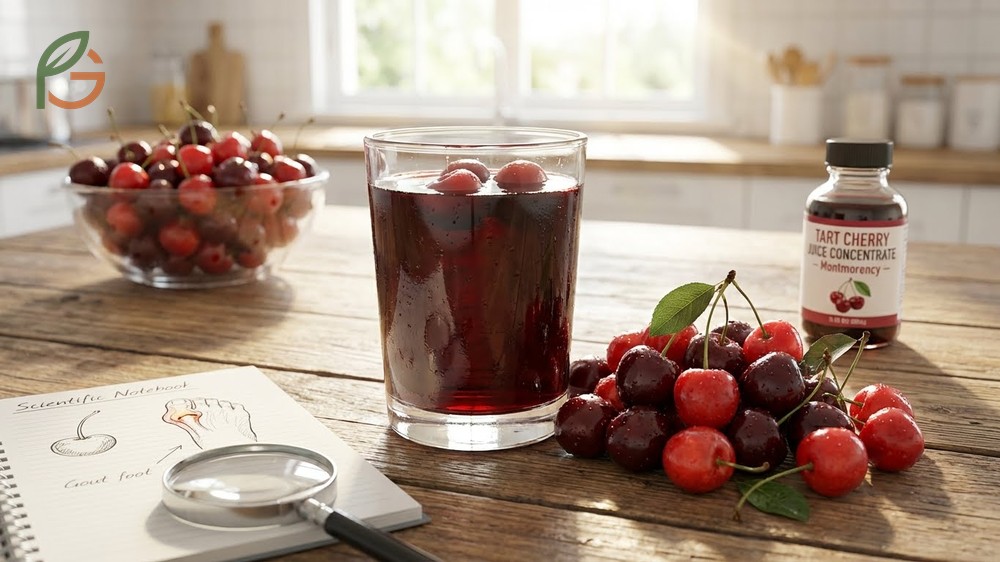 Tart cherry juice and gout benefits focusing on Montmorency varieties with five times more anthocyanins than sweet ones.